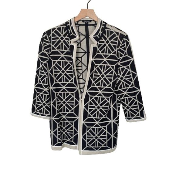 Misook Geo Squares 3/4 Sleeve Cardigan Jacket Black Cream Notched Collar Sz XS - Picture 1 of 8